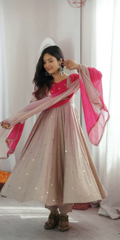 Lovely White Roman Silk Mirror Embroidery Work Gown