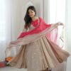 Lovely White Roman Silk Mirror Embroidery Work Gown