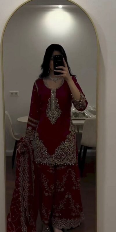 Magical Maroon Faux Georgette Embroidery Work Salwar Suit