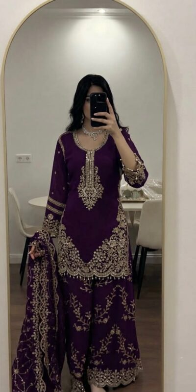 Magical Purple Faux Georgette Embroidery Work Salwar Suit