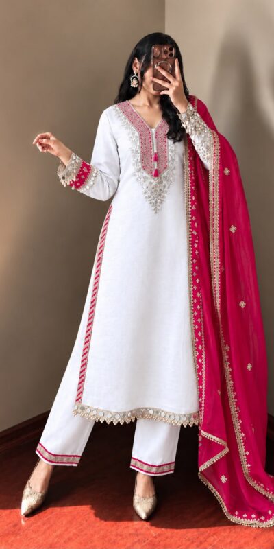 Magical White Chinon Silk Real Mirror Work Salwar Suit