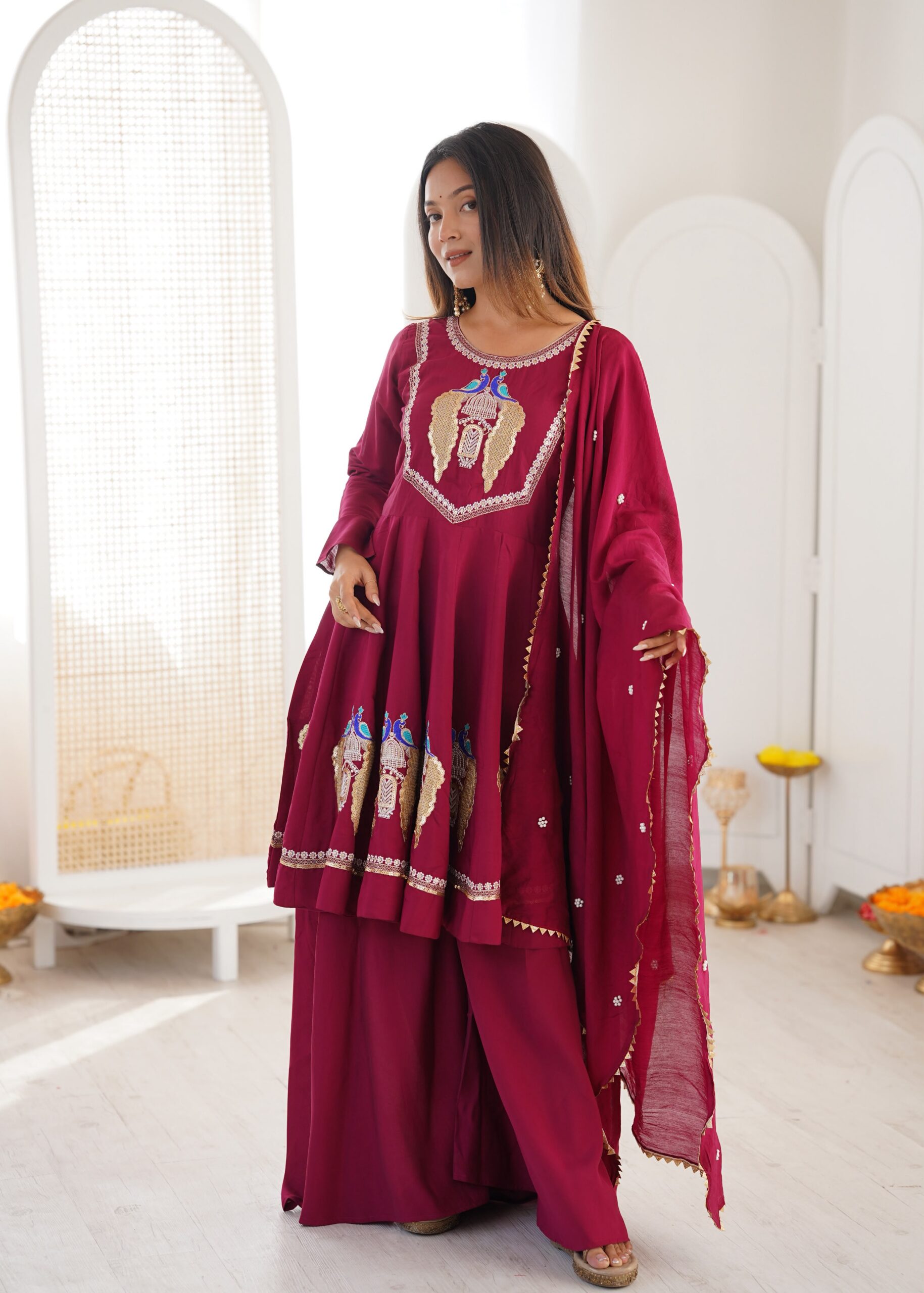 Nice Maroon Roman Silk Embroidery Work Salwar Suit