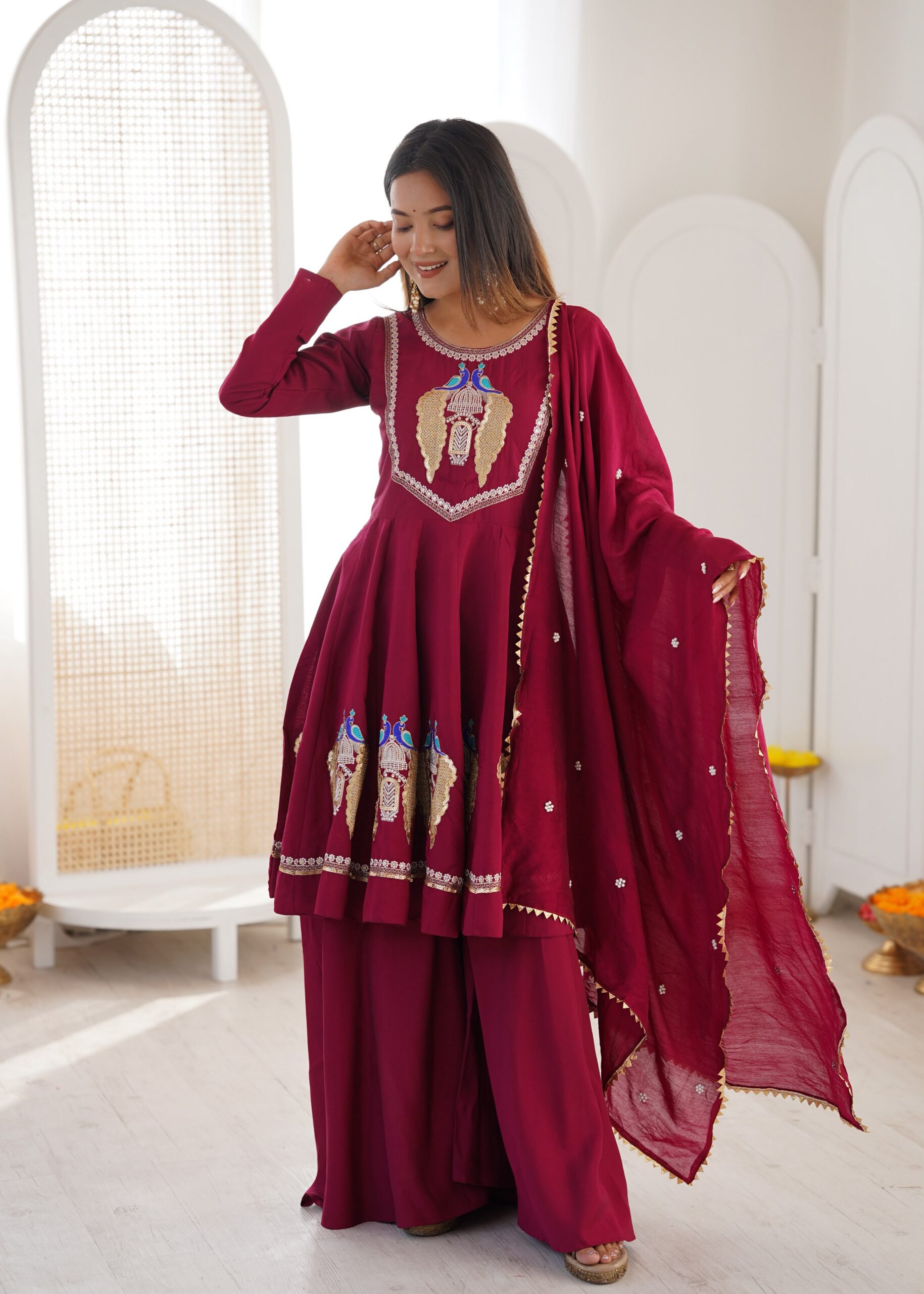 Nice Maroon Roman Silk Embroidery Work Salwar Suit