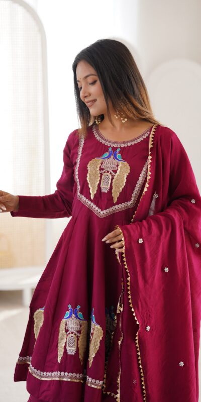 Nice Maroon Roman Silk Embroidery Work Salwar Suit