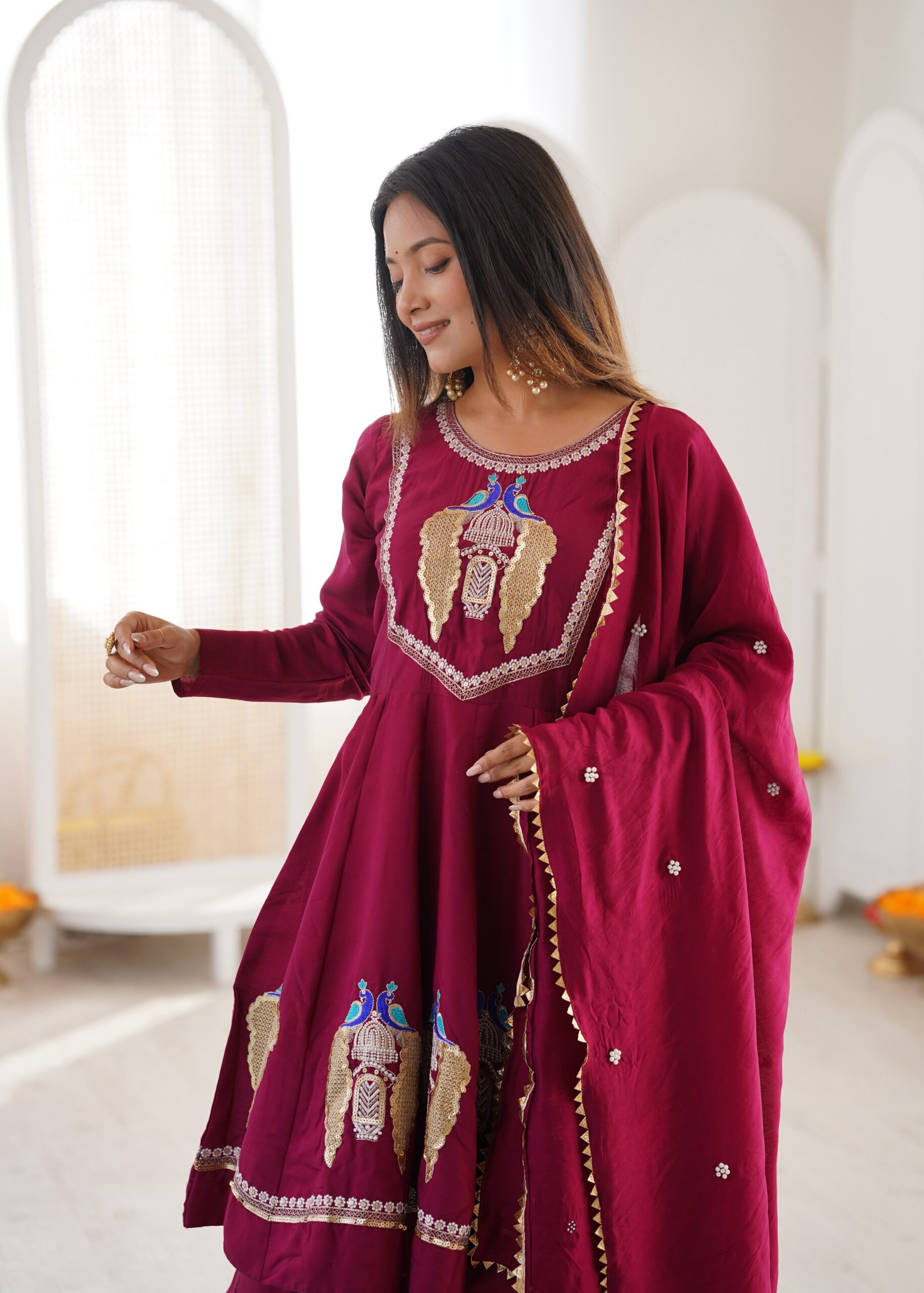 Nice Maroon Roman Silk Embroidery Work Salwar Suit