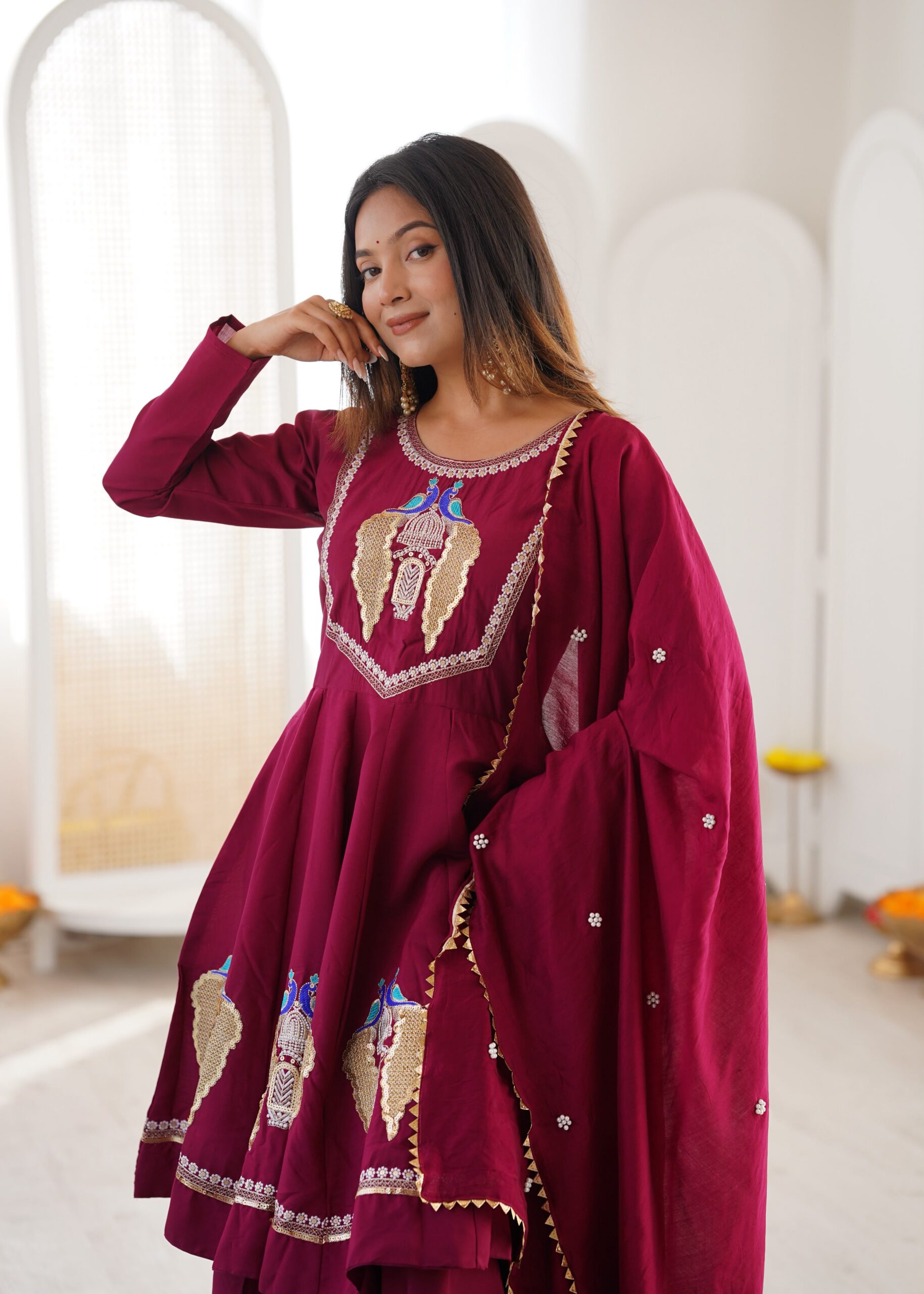 Nice Maroon Roman Silk Embroidery Work Salwar Suit