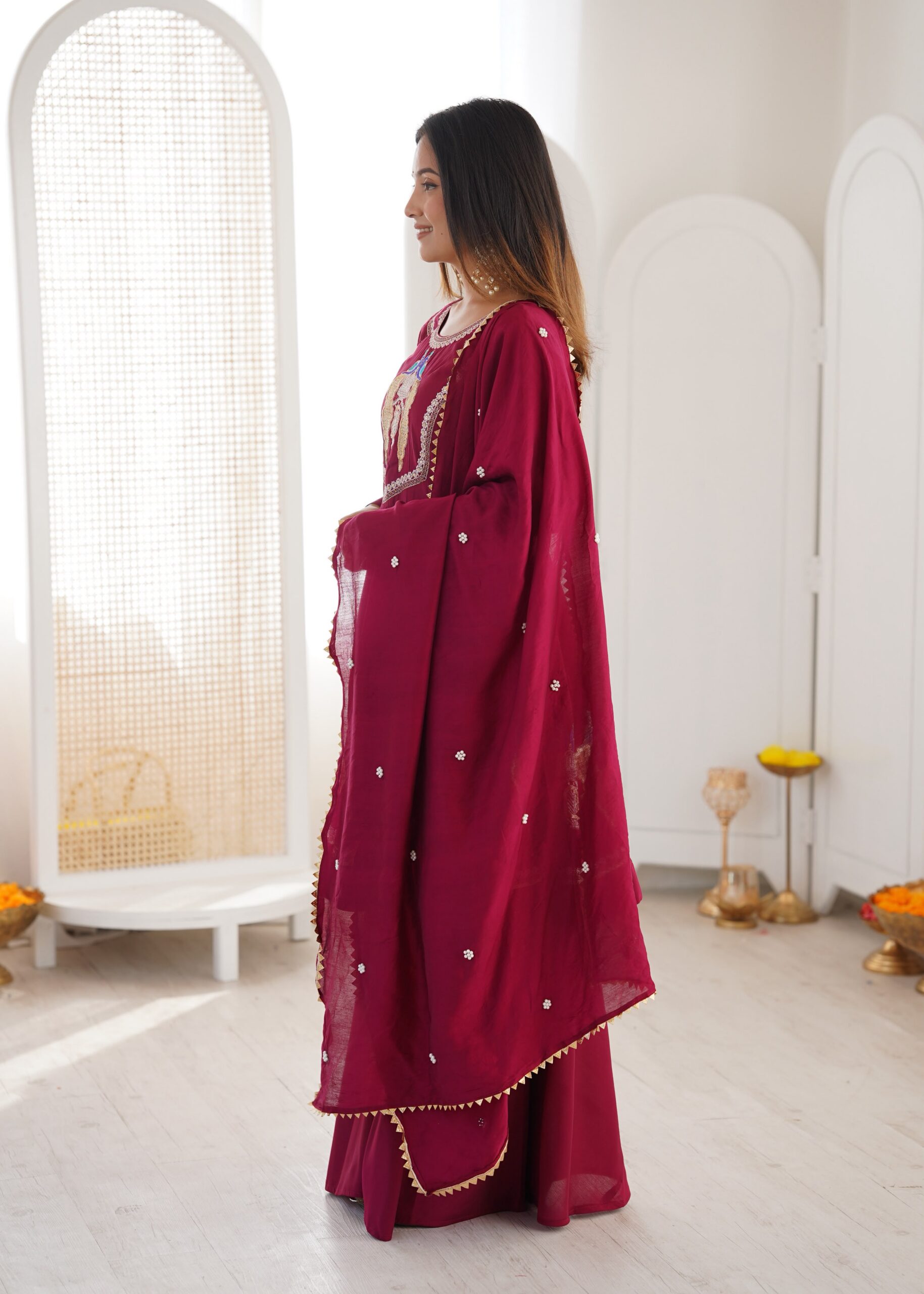 Nice Maroon Roman Silk Embroidery Work Salwar Suit