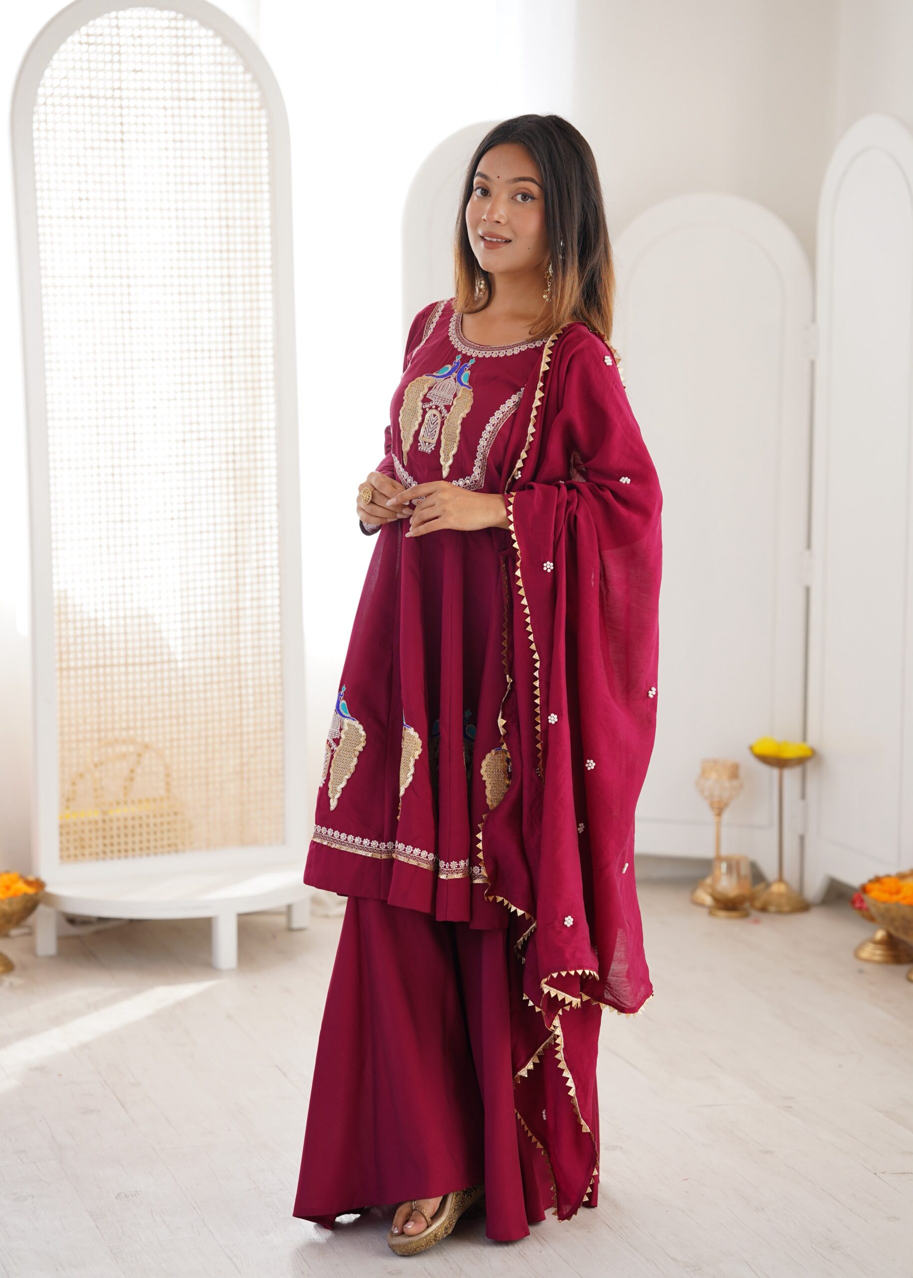 Nice Maroon Roman Silk Embroidery Work Salwar Suit
