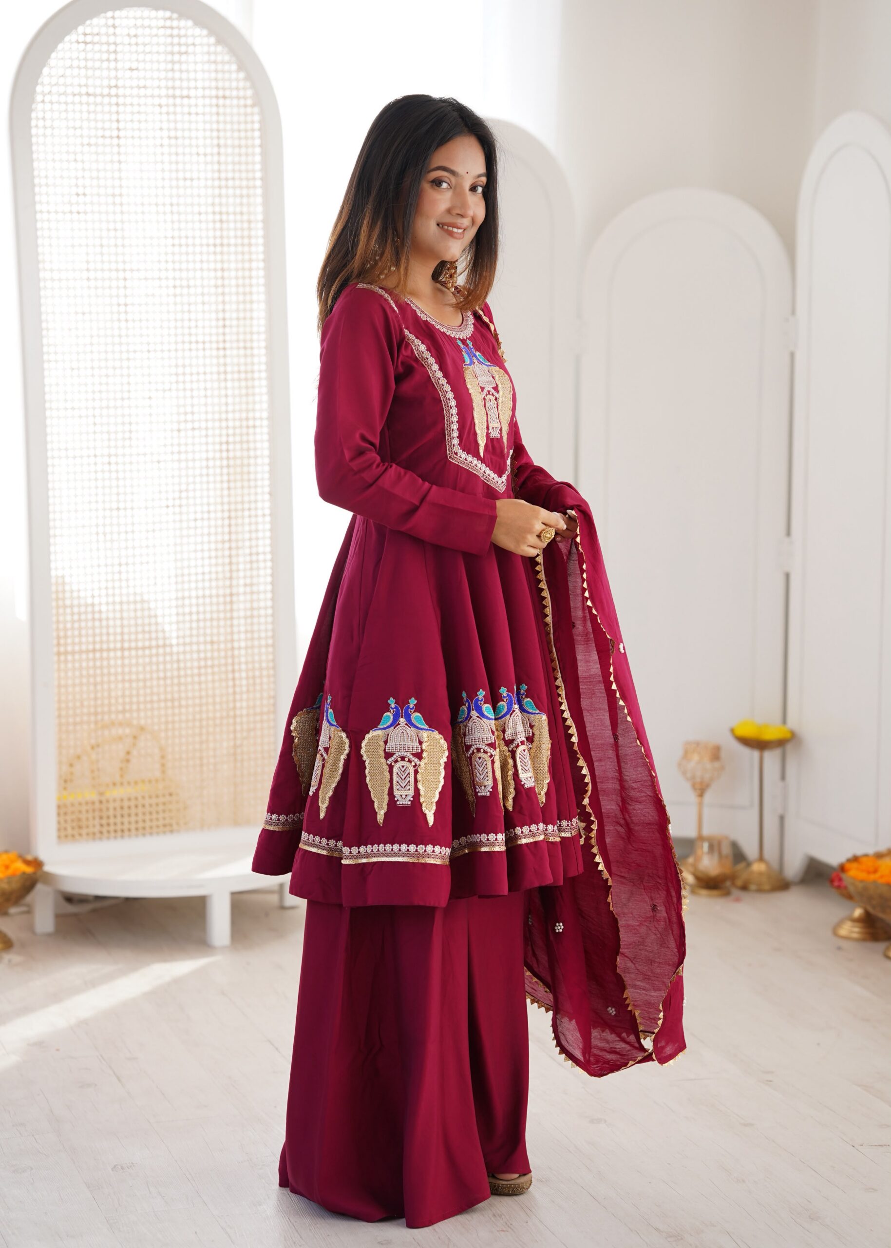 Nice Maroon Roman Silk Embroidery Work Salwar Suit
