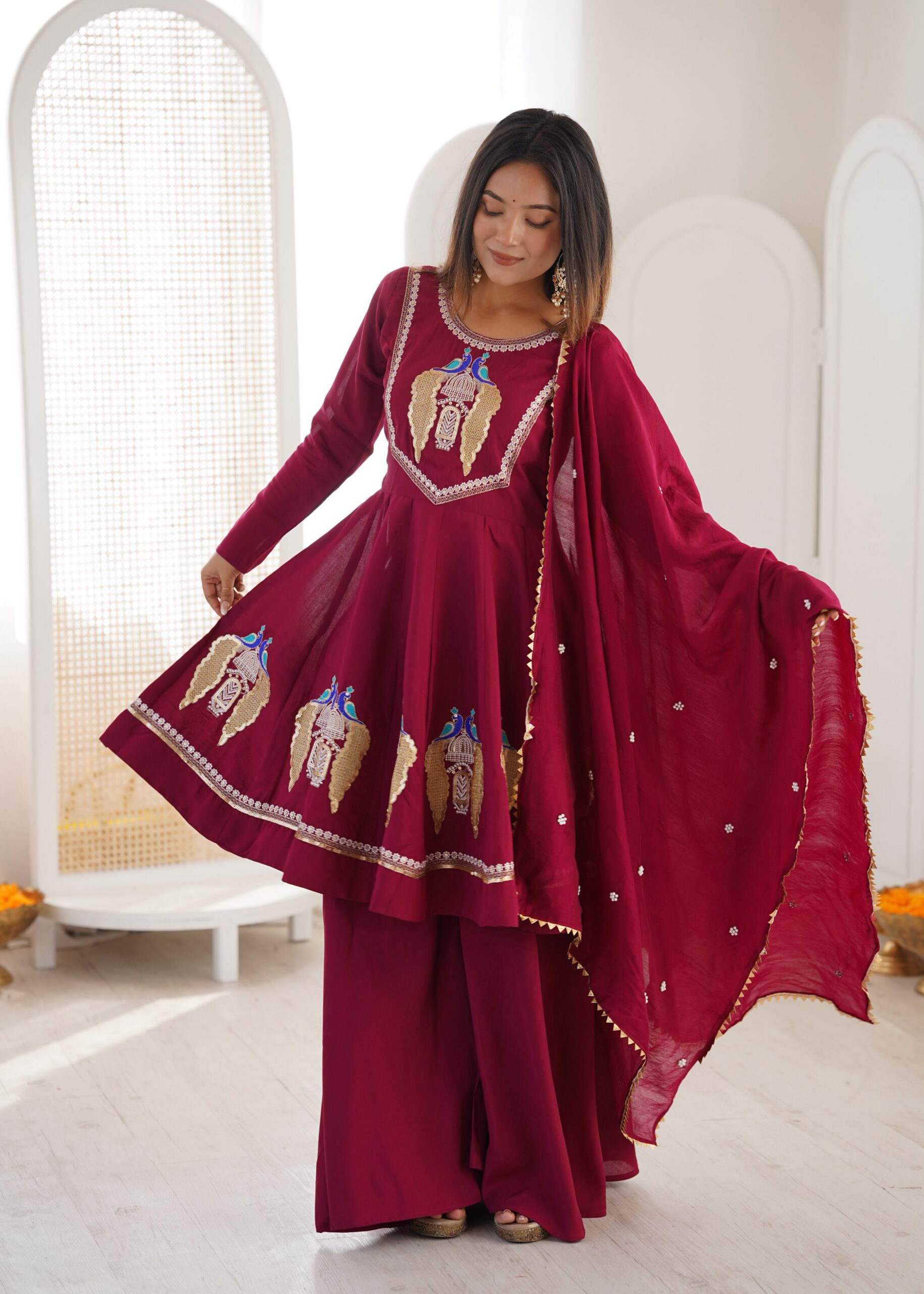 Nice Maroon Roman Silk Embroidery Work Salwar Suit