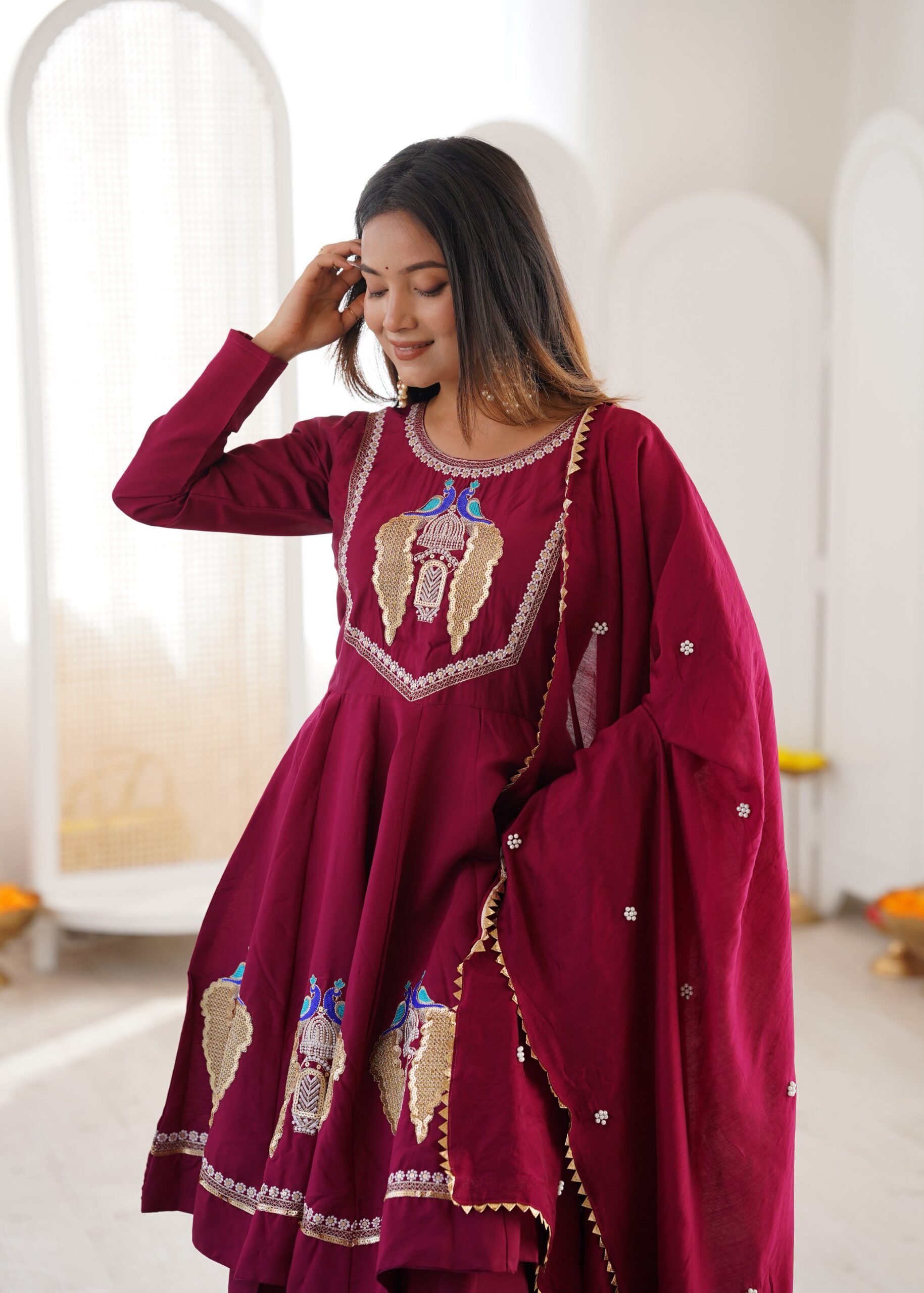 Nice Maroon Roman Silk Embroidery Work Salwar Suit