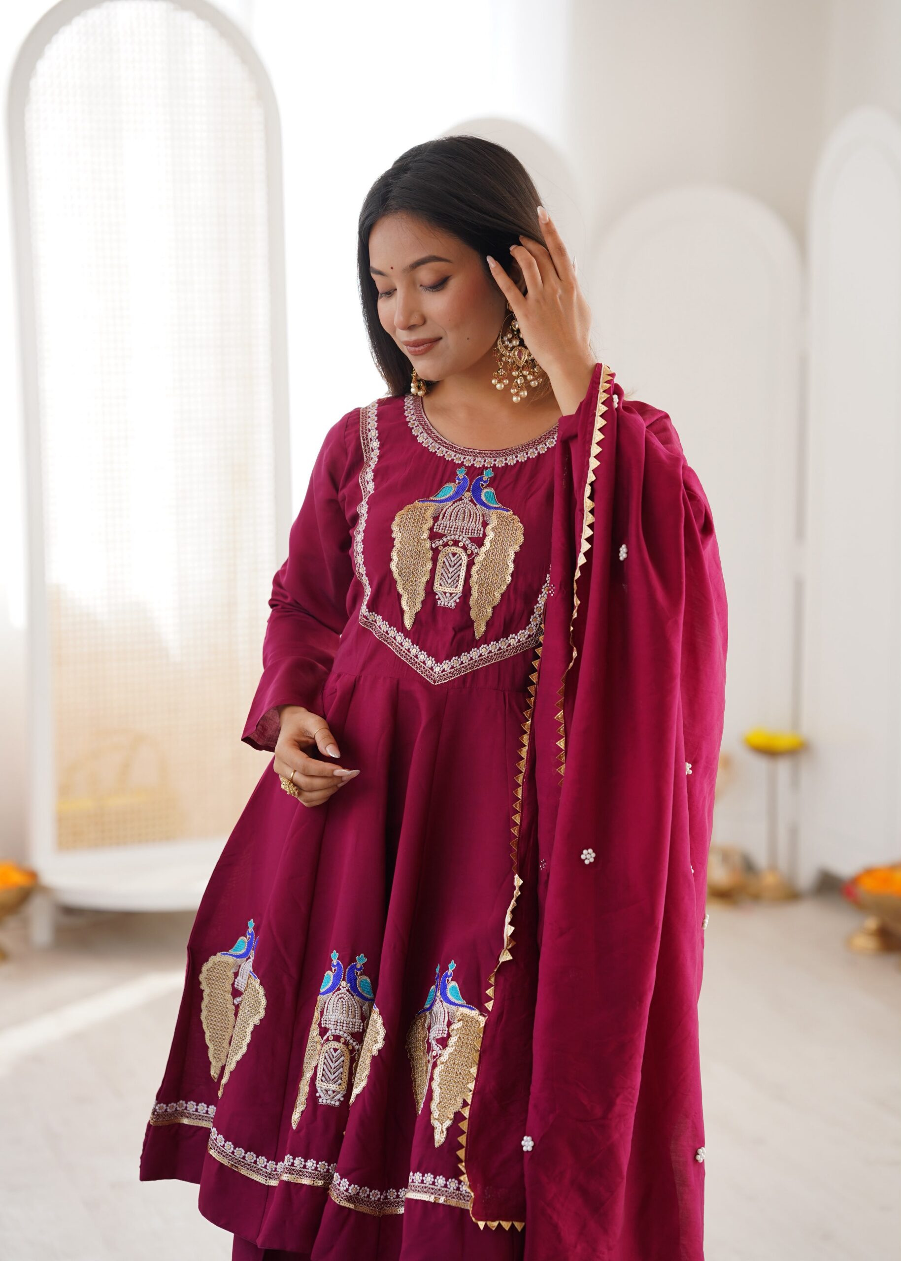 Nice Maroon Roman Silk Embroidery Work Salwar Suit