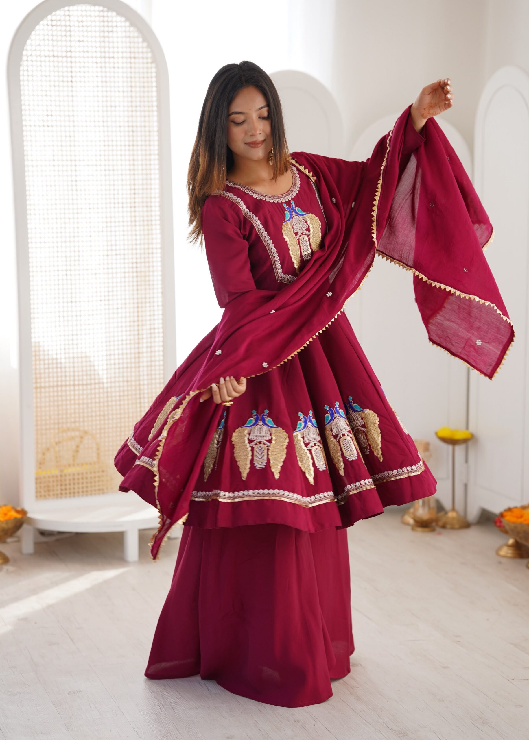 Nice Maroon Roman Silk Embroidery Work Salwar Suit