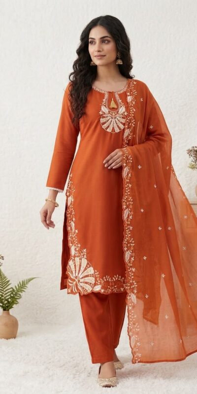 Nice Orange Roman Embroidery Work Salwar Suit