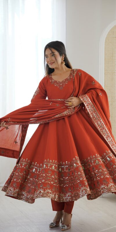 Nice Orange Roman Silk Embroidery Work Gown