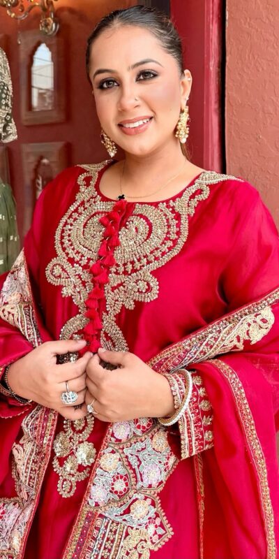Nice Red Roman Silk Embroidery Work Salwar Suit