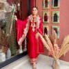 Nice Red Roman Silk Embroidery Work Salwar Suit