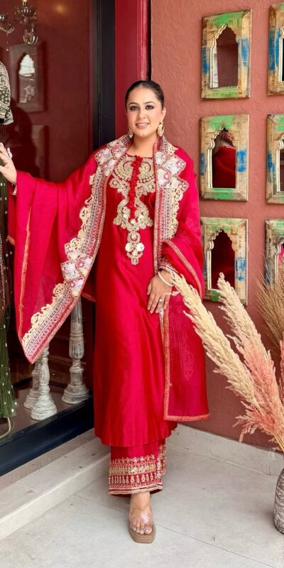 Nice Red Roman Silk Embroidery Work Salwar Suit