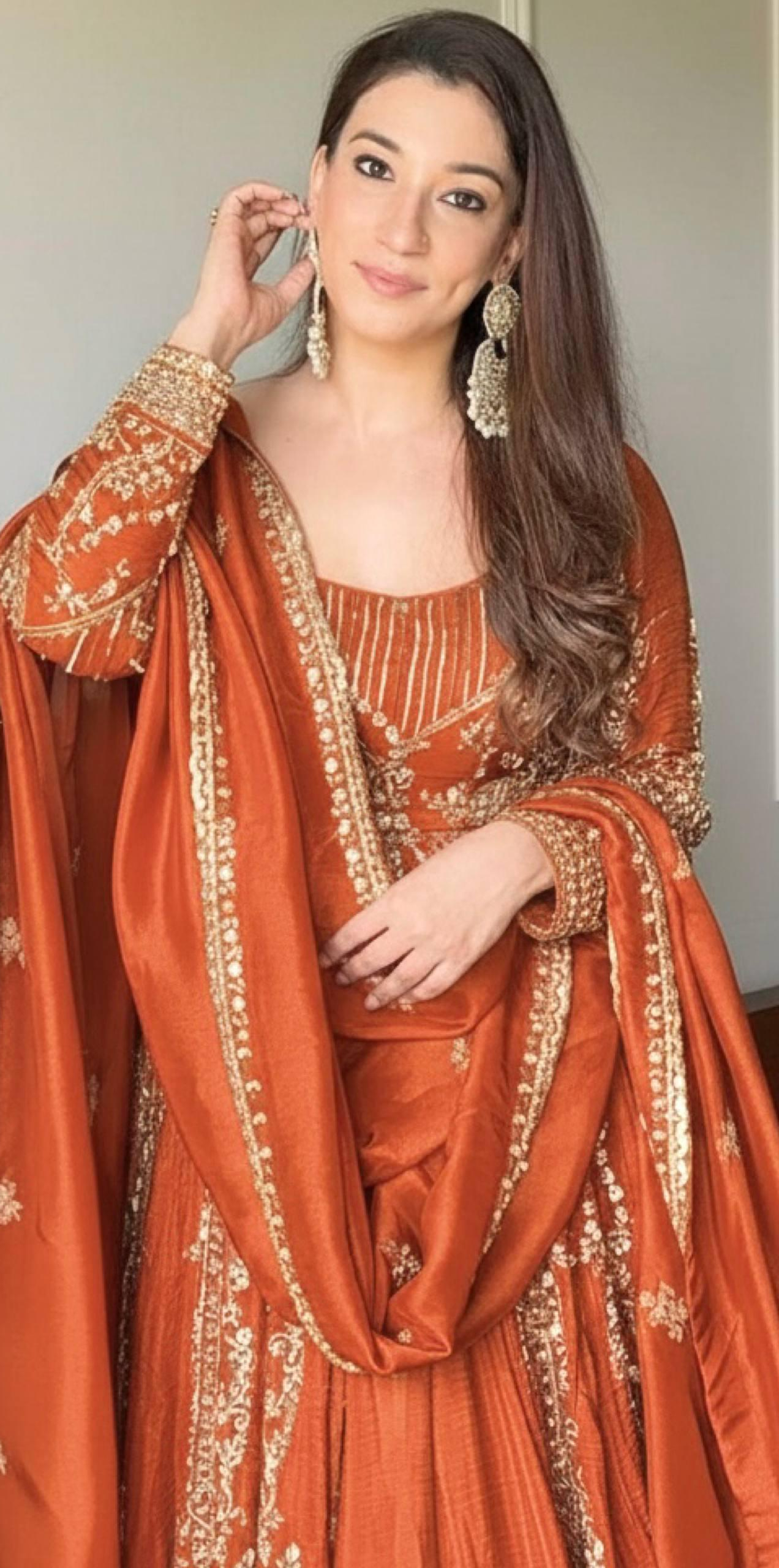 Orange Crunchy Silk Lace Embroidery Work Gown