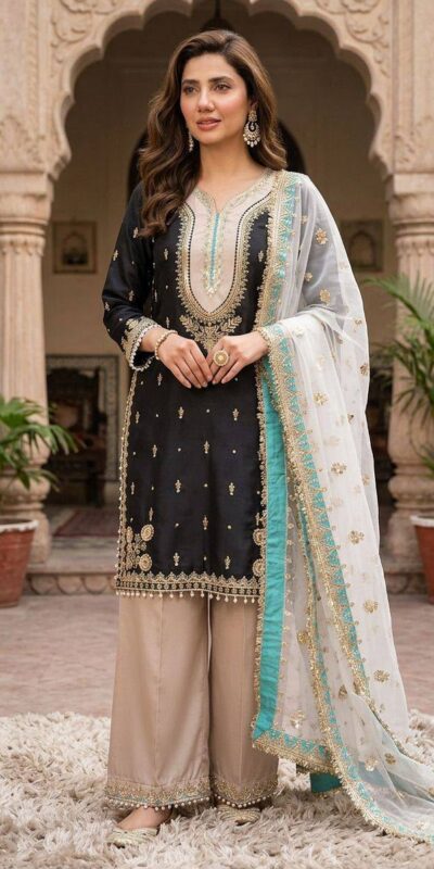 Peaceful Black Crape Silk Sequence Work Salwar Suit