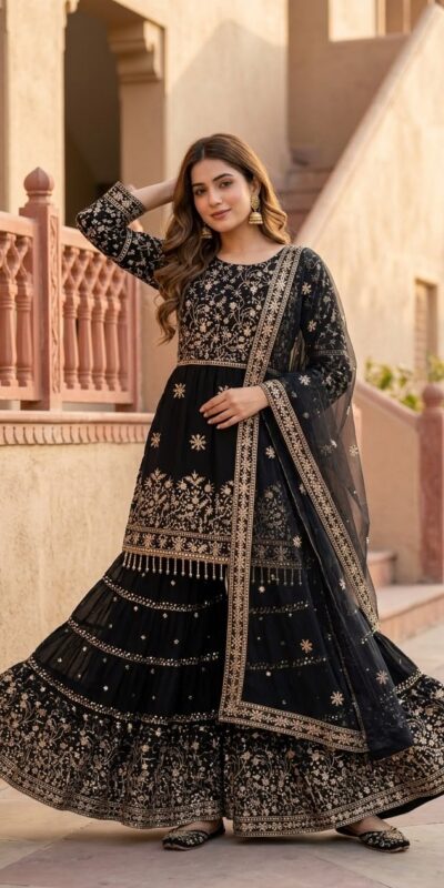 Perfect Black Faux Georgette Sequence Work Salwar Suit