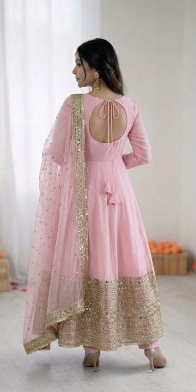 Pink Roman Silk Embroidery Lace Work Gown