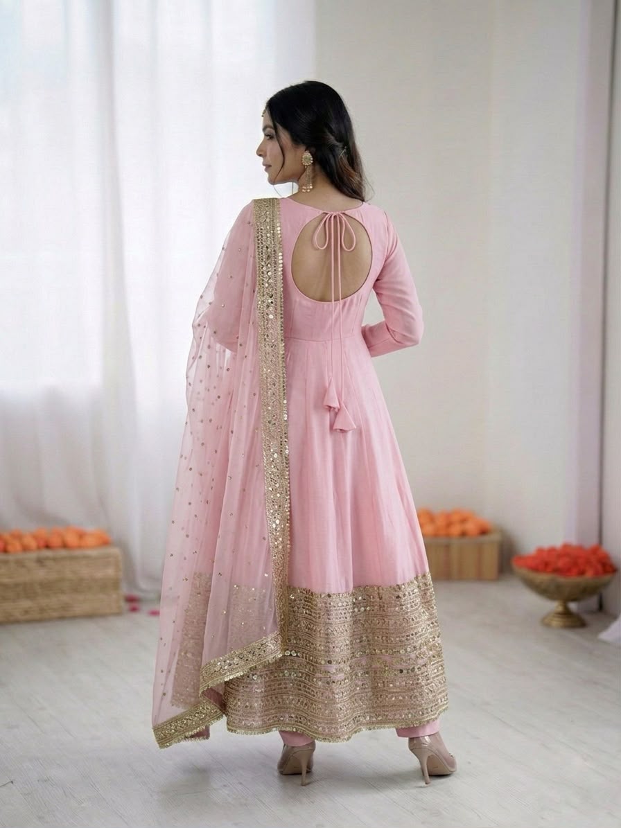 Pink Roman Silk Embroidery Lace Work Gown