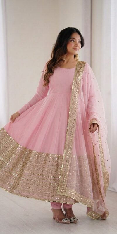Pink Roman Silk Embroidery Lace Work Gown