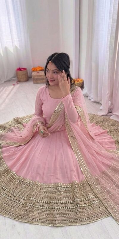 Pink Roman Silk Embroidery Lace Work Gown