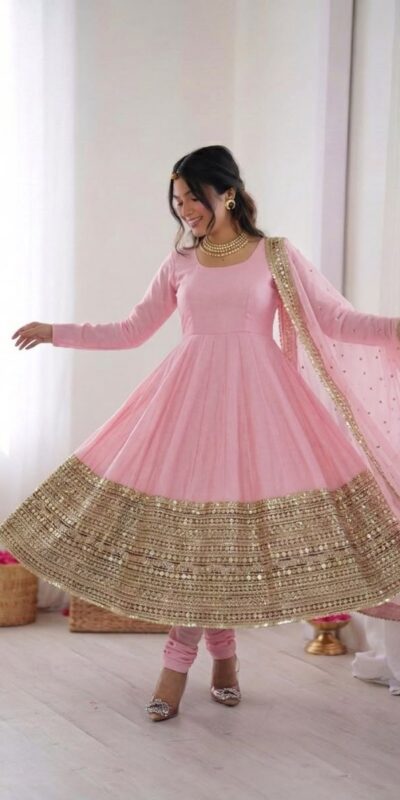 Pink Roman Silk Embroidery Lace Work Gown