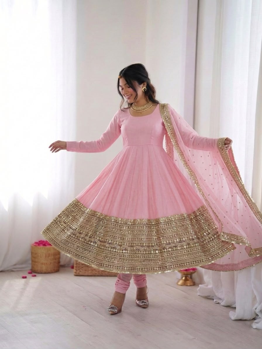 Pink Roman Silk Embroidery Lace Work Gown