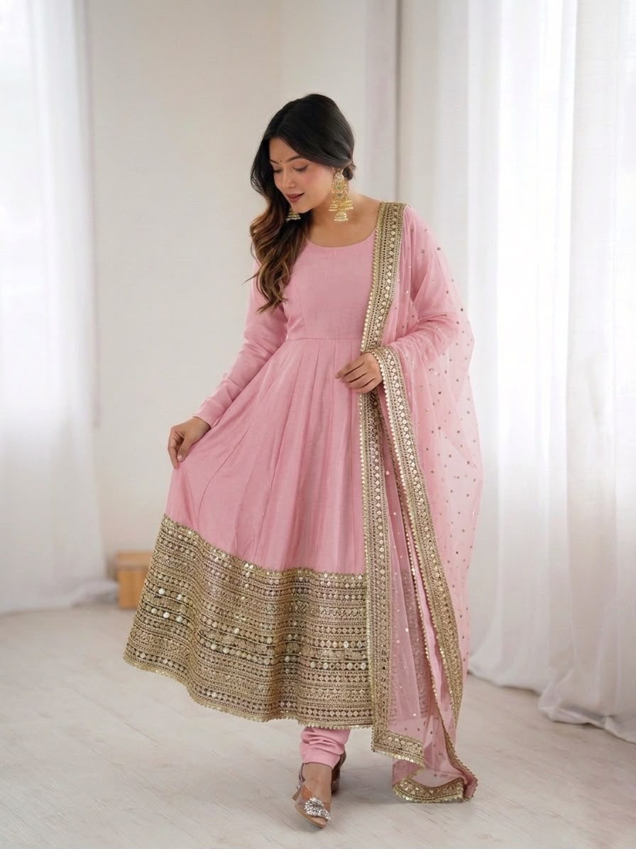 Pink Roman Silk Embroidery Lace Work Gown