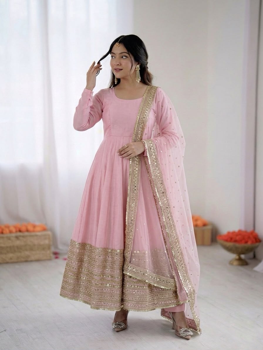 Pink Roman Silk Embroidery Lace Work Gown