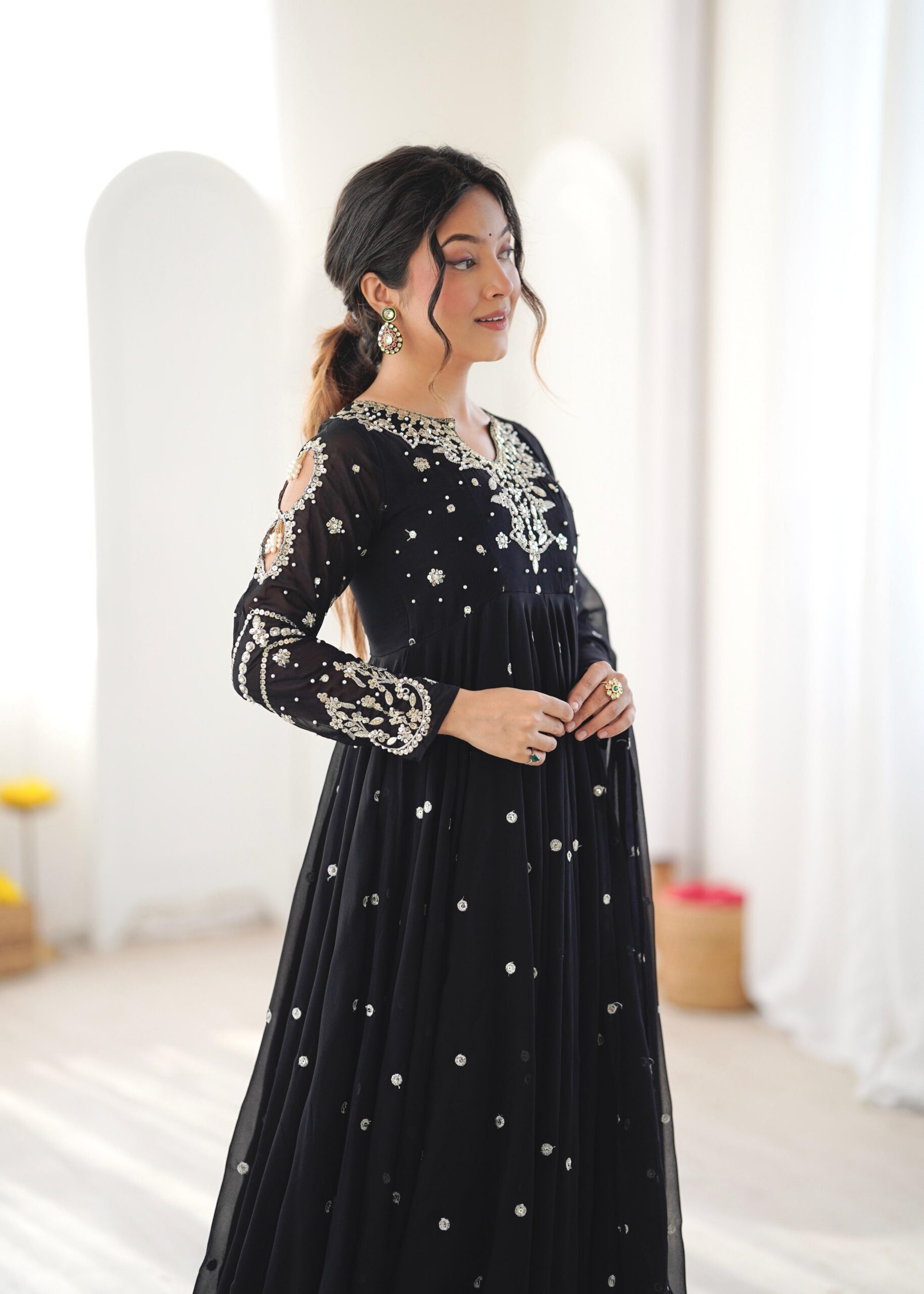 Pretty Black Faux Georgette Embroider Work Salwar Suit