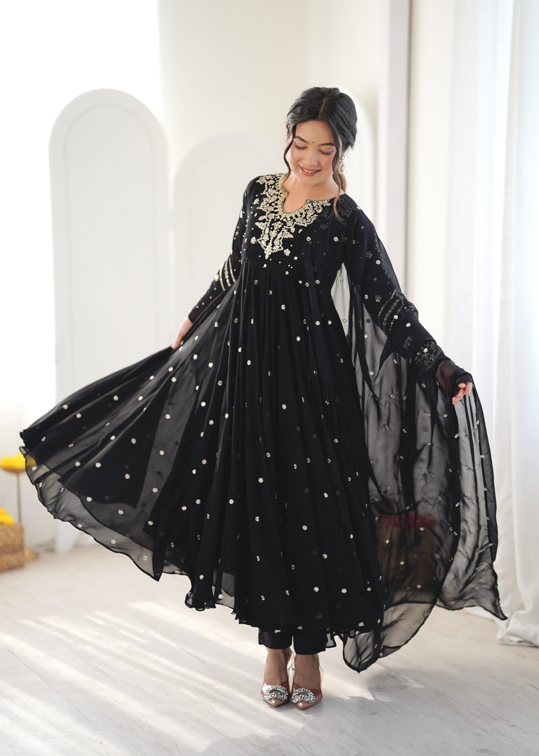 Pretty Black Faux Georgette Embroider Work Salwar Suit