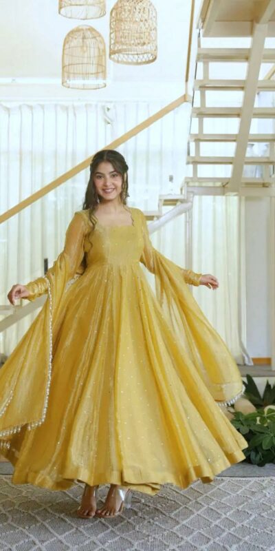 Pretty Gold Salsa Silk Embroidery Work Gown