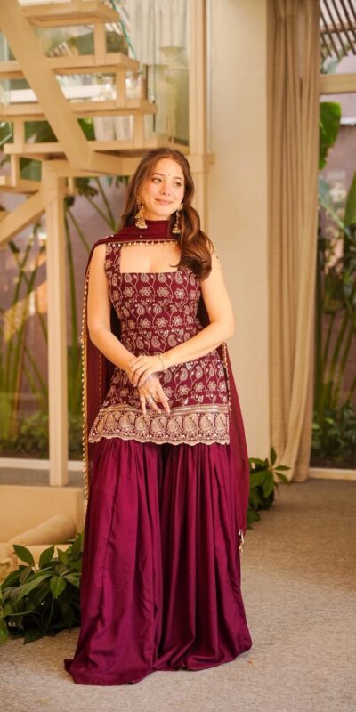 Pretty Maroon Faux Georgette Sequences Work Salwar Suit