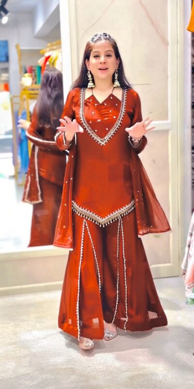 Pretty Rust Roman Glass Mirror Work Salwar Suit