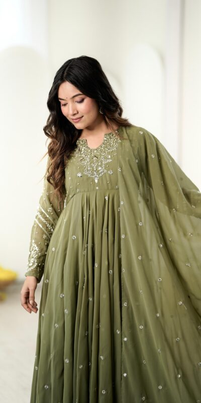 Pretty Sage Green Faux Georgette Embroider Work Salwar Suit