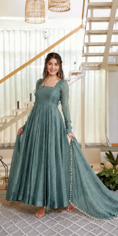 Pretty Teal Salsa Silk Embroidery Work Gown