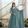 Pretty Teal Salsa Silk Embroidery Work Gown