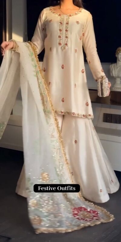 Pretty White Faux Georgette Embroidery Work Salwar Suit
