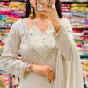 Pretty White Roman Glass Mirror Work Salwar Suit