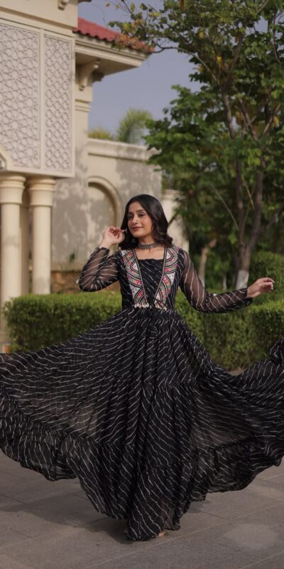 Shiny Black Faux Georgette Laheriya Print Work Gown