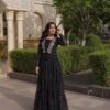 Shiny Black Faux Georgette Laheriya Print Work Gown
