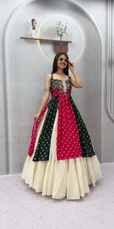 Shiny Black Khadi Cotton Bandhej Mirror Work Lehenga Choli