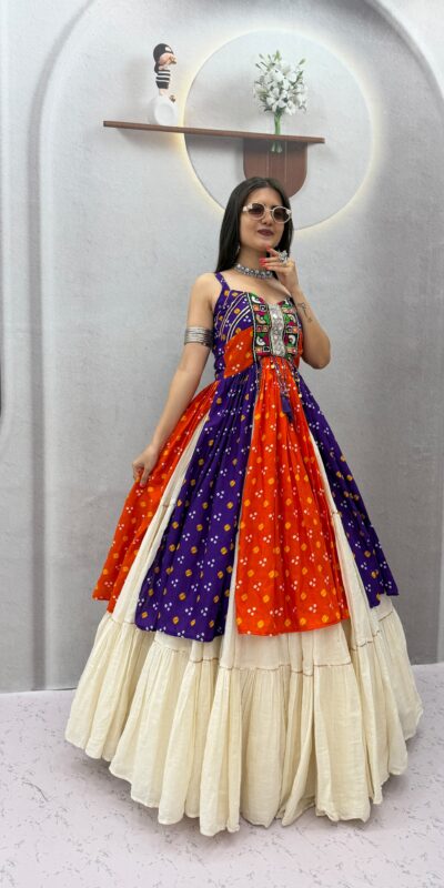 Shiny Orange Khadi Cotton Bandhej Mirror Work Lehenga Choli