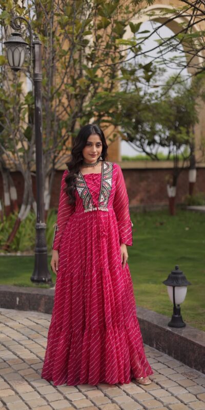 Shiny Pink Faux Georgette Laheriya Print Work Gown
