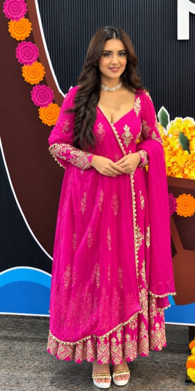 Shiny Pink Faux Georgette Sequins Work Gown