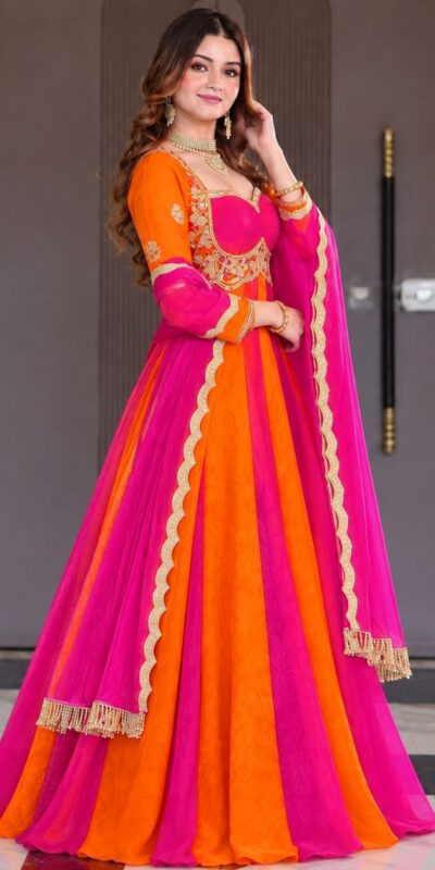 Shiny Pink Fendy Silk Sequence Work Gown